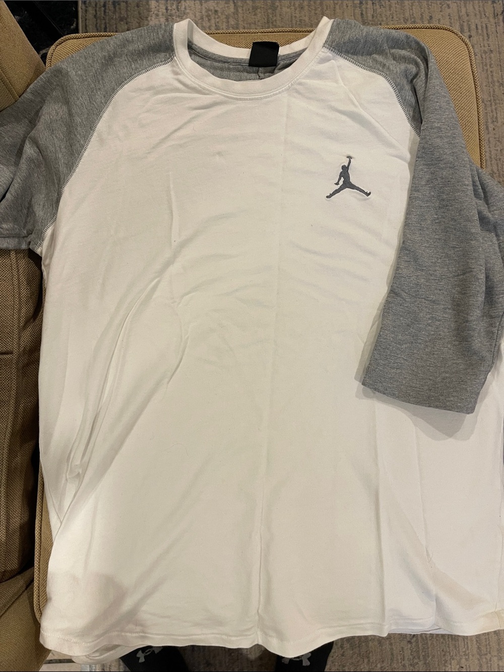 Jordan White Baseball Raglan Tee with Gray Sleeves